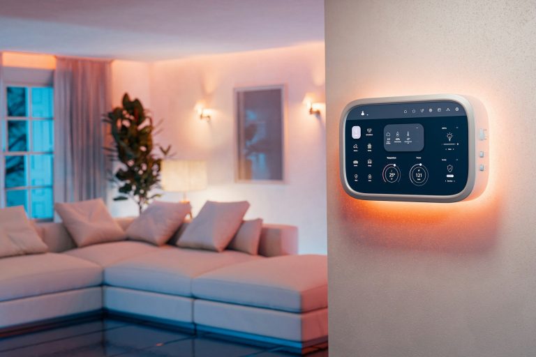 Smart Home Wohnraum mit digitalem Bedienpanel