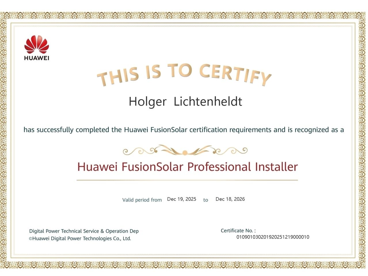 Huawei FusionSolar Professional Installer Zertifikat – zertifizierter Installationsbetrieb für Photovoltaik und Energiespeicher