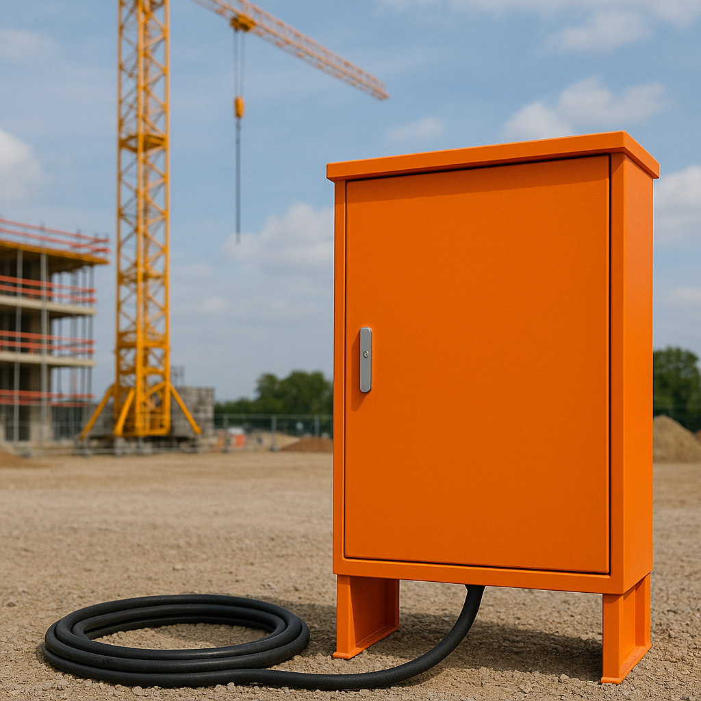 Baustrom Verteiler auf einer Baustelle mit angeschlossenem Kabel und Kran im Hintergrund als Beispiel für sichere und zuverlässige Stromvers