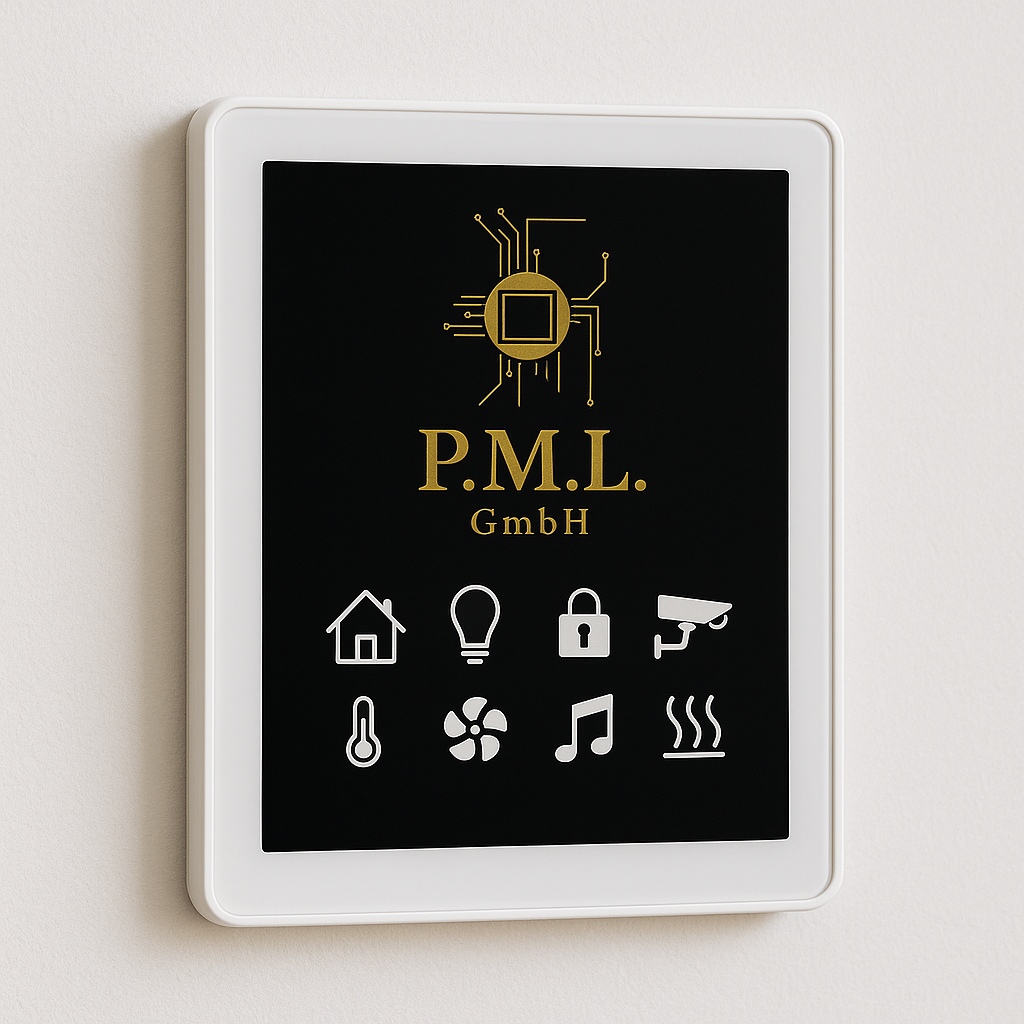 Moderne Smart Home Steuerung mit klarer Anzeige und P.M.L. Logo als Symbol für intelligente Hausautomation und komfortable Techniklösungen.