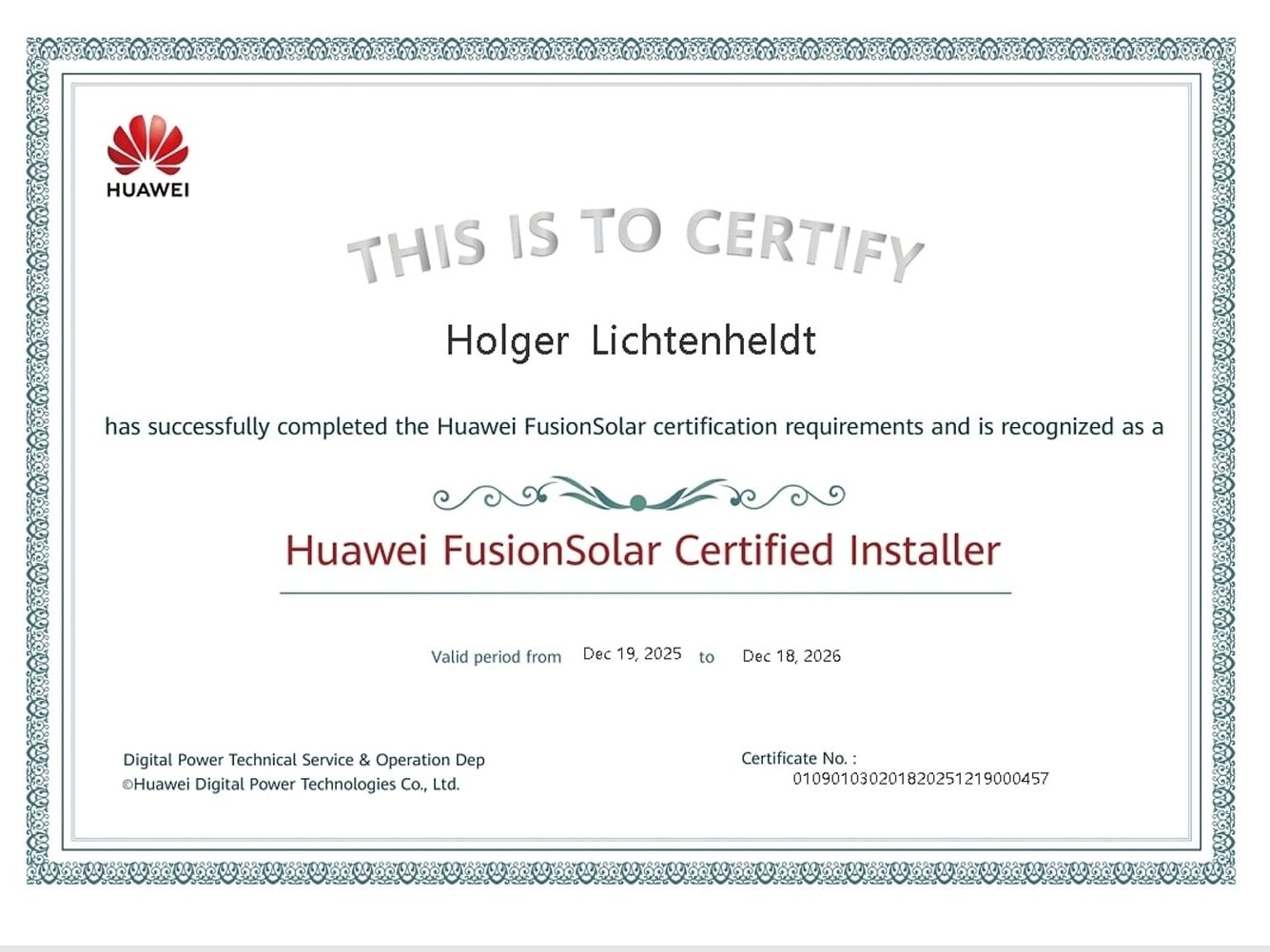 Huawei FusionSolar Certified Installer Zertifikat – zertifizierter Installationsbetrieb für Photovoltaikanlagen