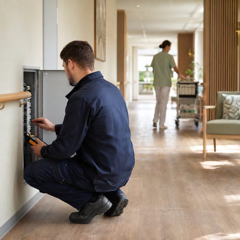 Symbolbild: Elektrofachkraft prüft eine elektrische Anlage im Pflegeheim