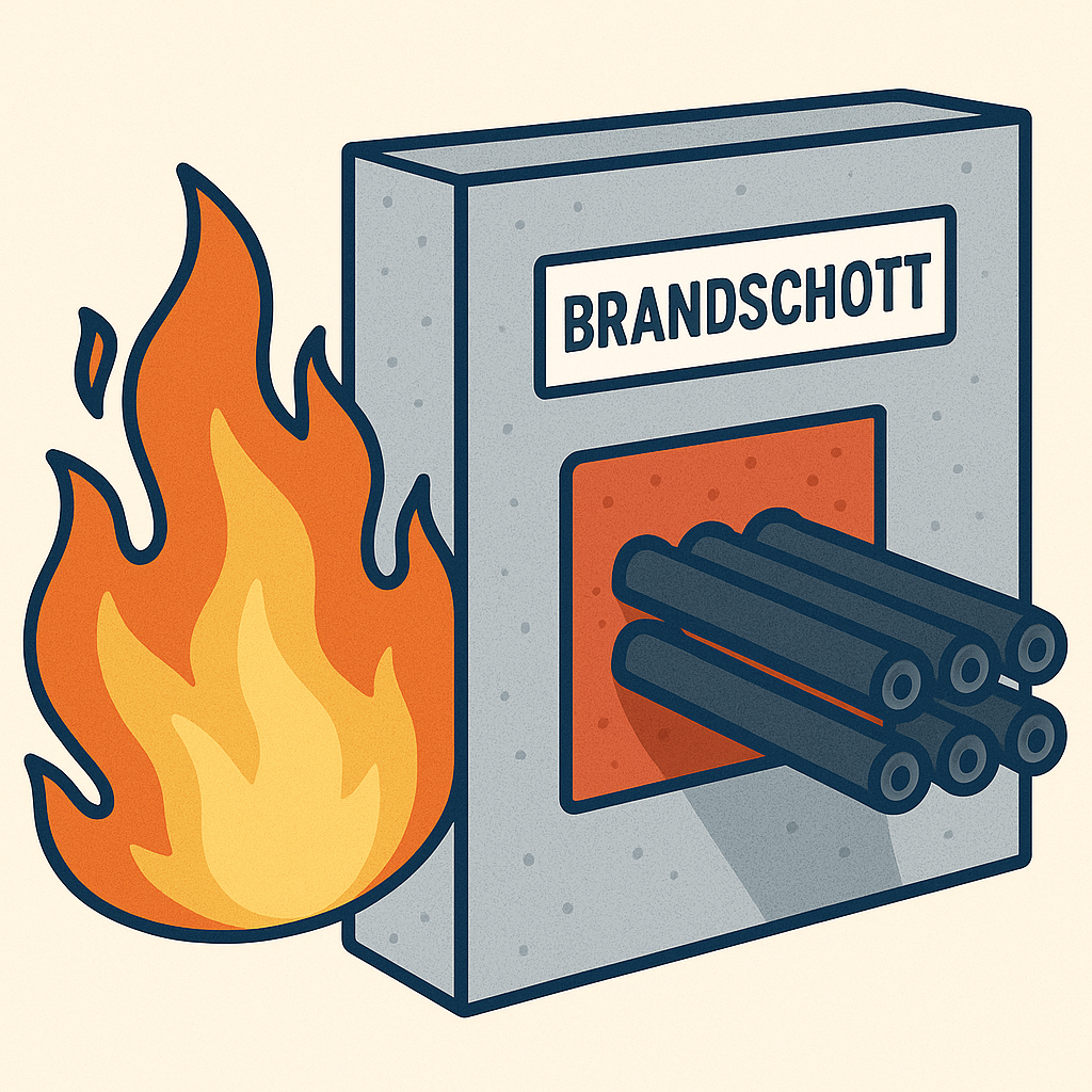Illustration eines Brandschotts mit Feuer und Kabeln als Symbol für sichere Kabeldurchführungen und professionellen Brandschutz der P.M.L. G